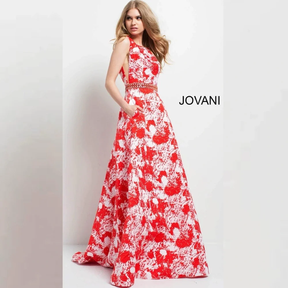 JOVANI Red and White Print Backless A-Line Evening Gown - Picture 1 of 16